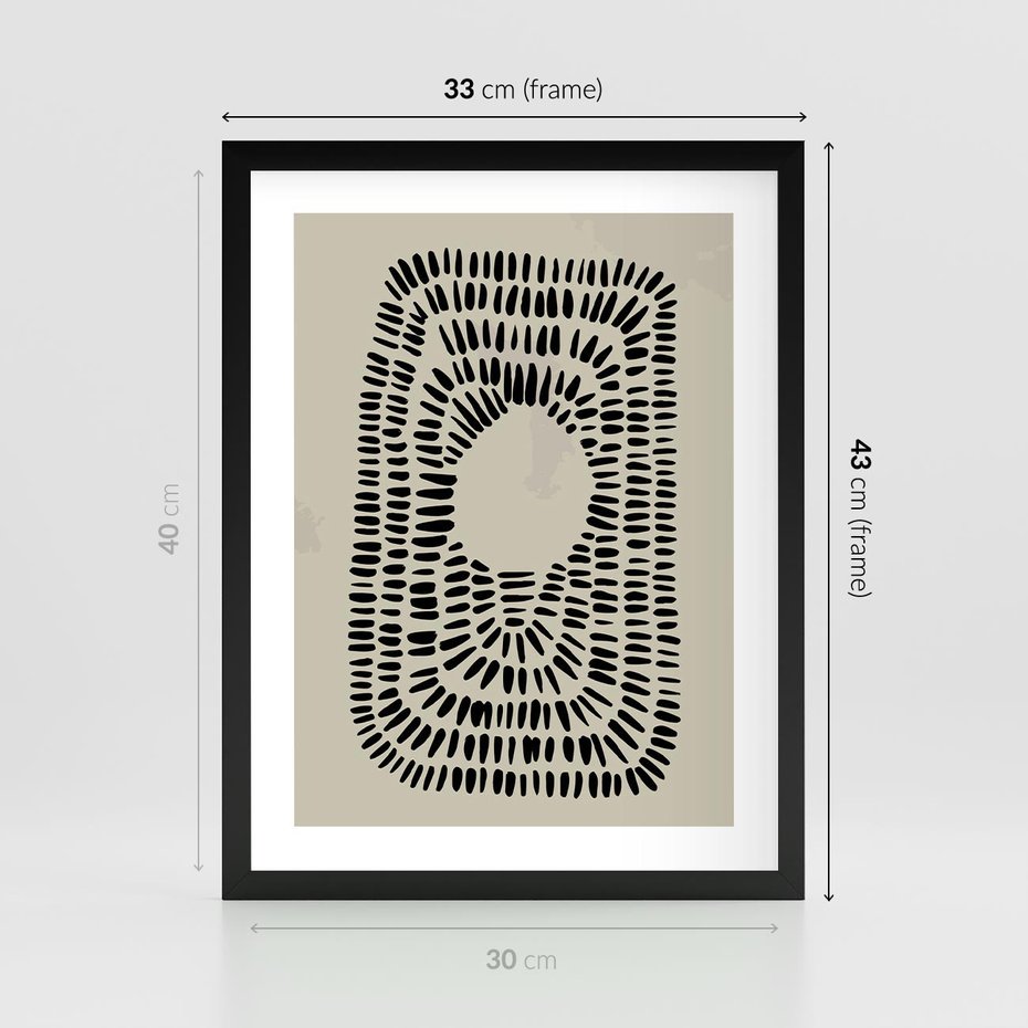 Plakat w ramie 30x40 - Zaklęte Wnętrza - boho plakat, czarne kropki kreski - rama czarna