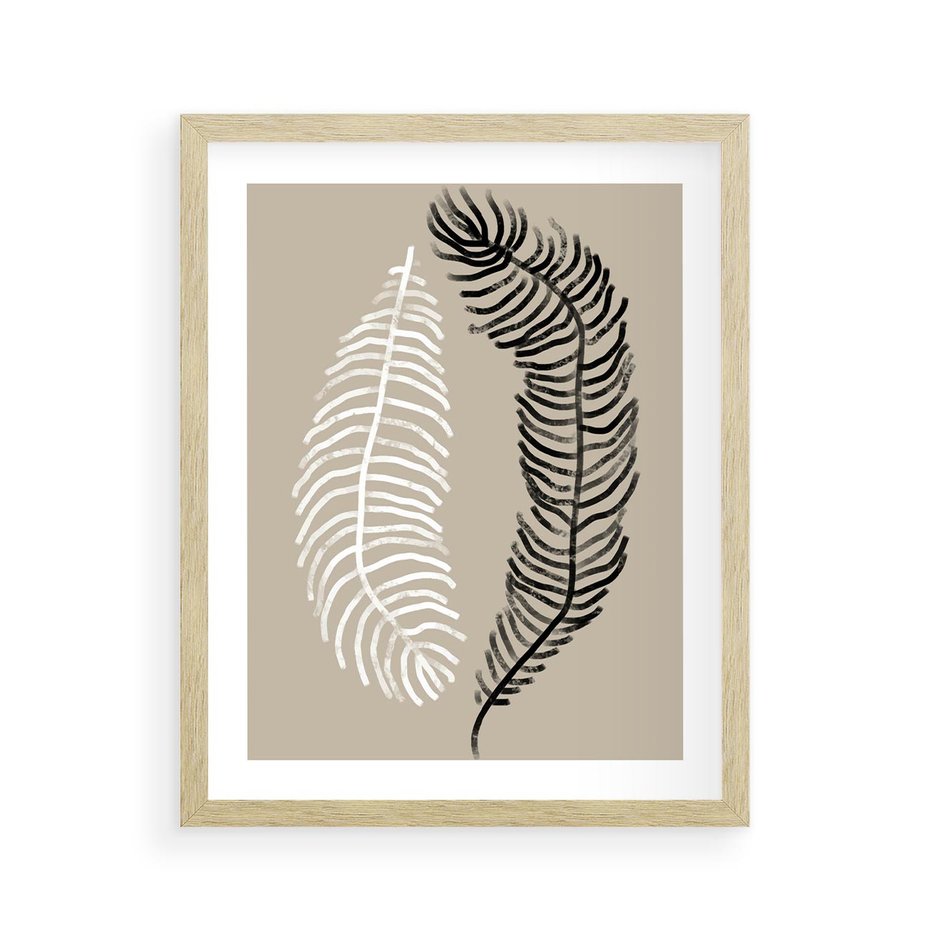 Plakat w ramie 40x50 - Spleciona Harmonia - sztuka nowoczesna, białe i czarne pióro - rama drewno