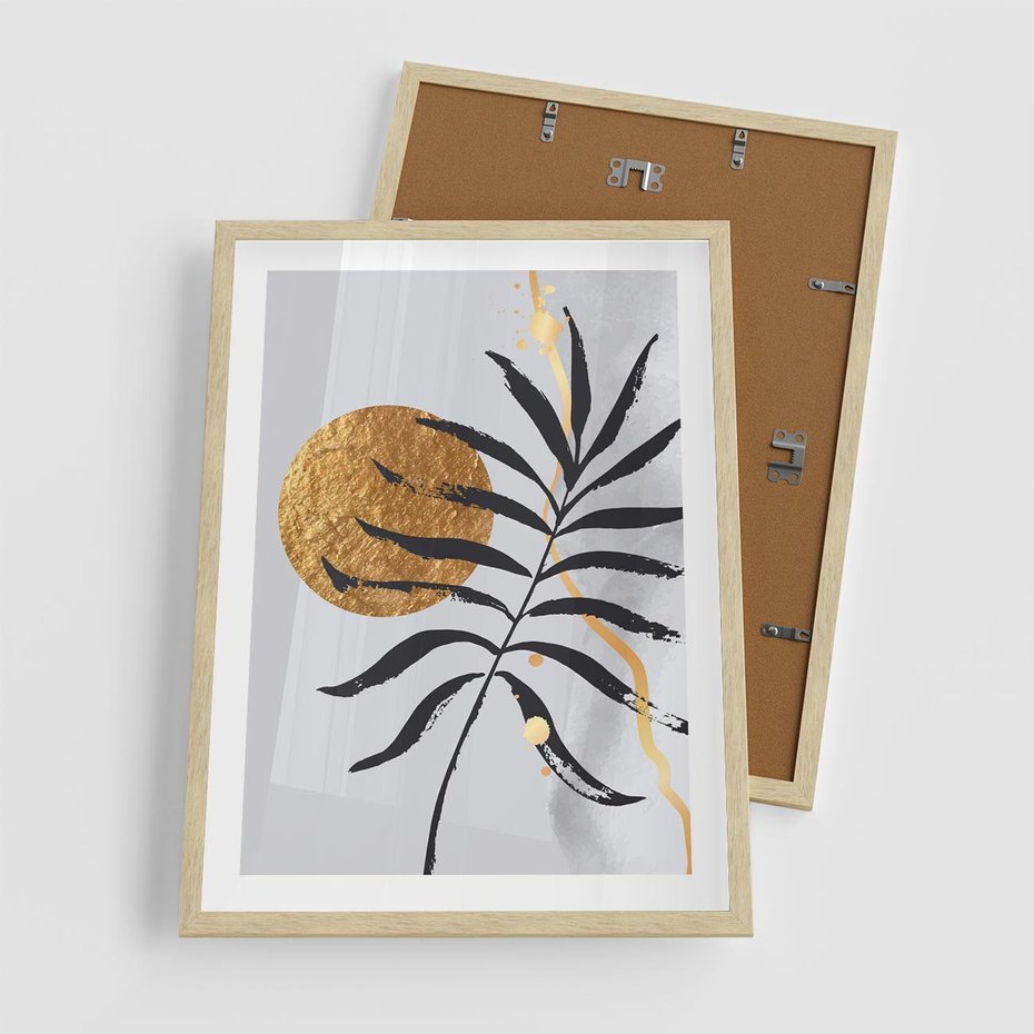 Plakat w ramie 50x70 - Grafika z Czarnym Liściem Palmy - czarny liść palmy, złóte kołó - rama drewno