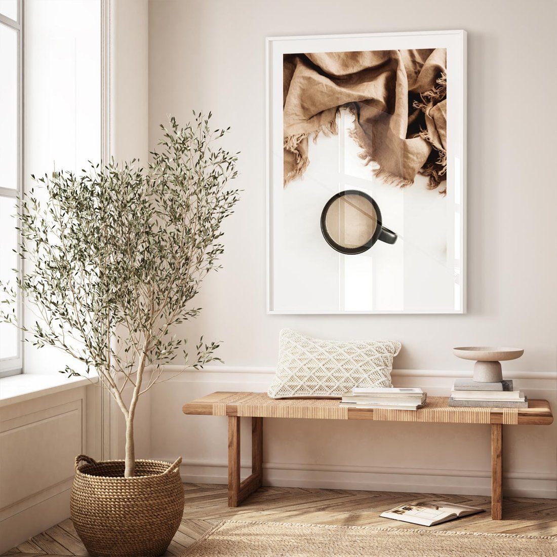 Plakat bez ramy 50x70 - Kompozycja z Brązowym Kocem i Czarną Kawą - kompozycja, brązowy koc