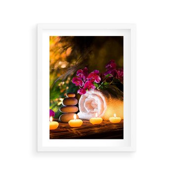 Plakat w ramie 50x70 - Relaksujące spa z płonącymi świecami - spa, świece - rama biała