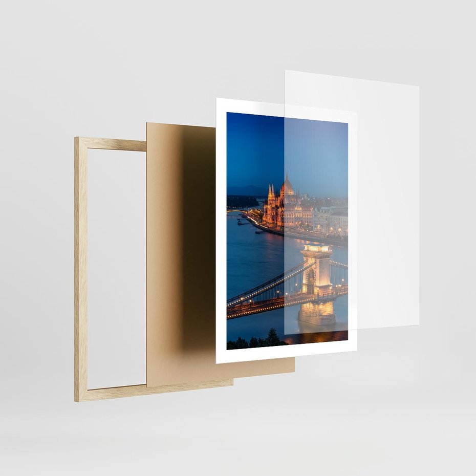 Plakat w ramie 50x70 - Mostowe miasto nocą - miasto, most - rama drewno