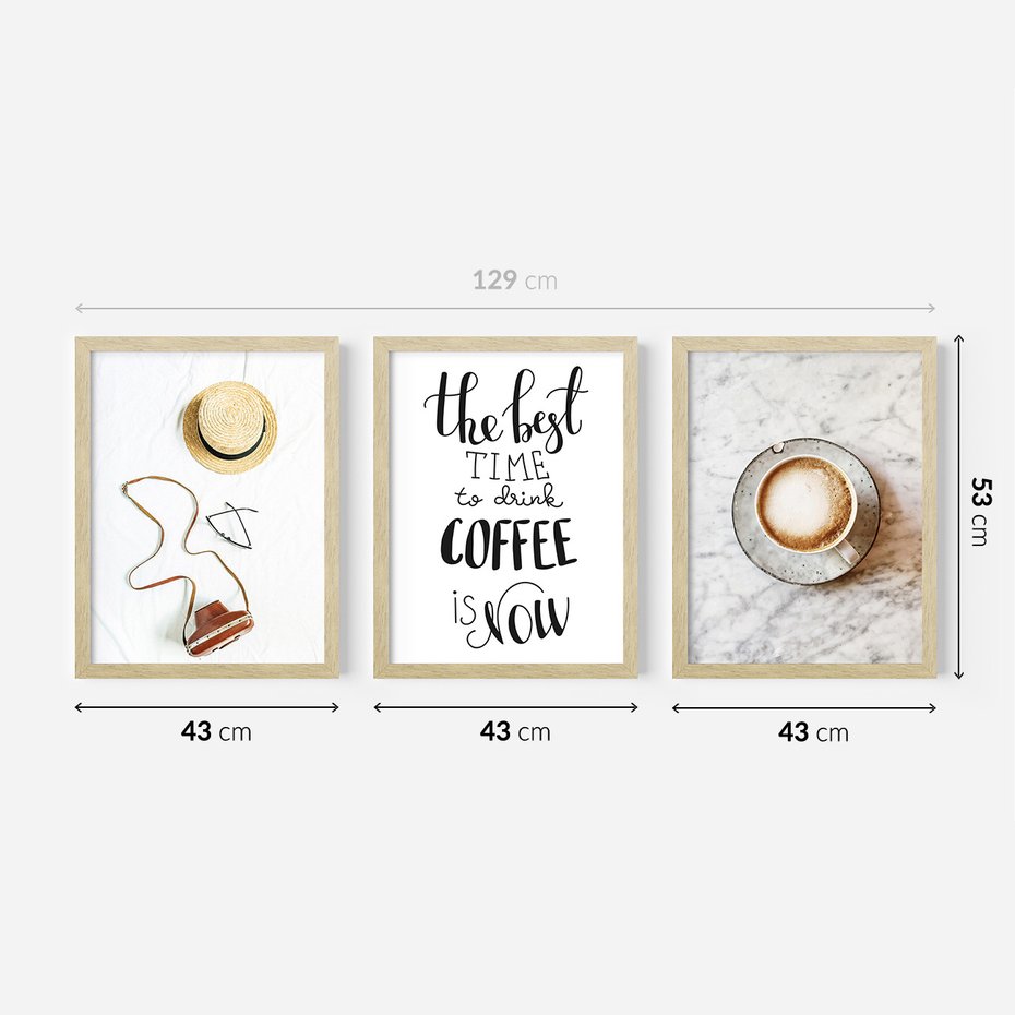 Zestaw obrazy w ramie 40x50 galeria - Kawa, podróż, kapelusz, boho - rama drewno