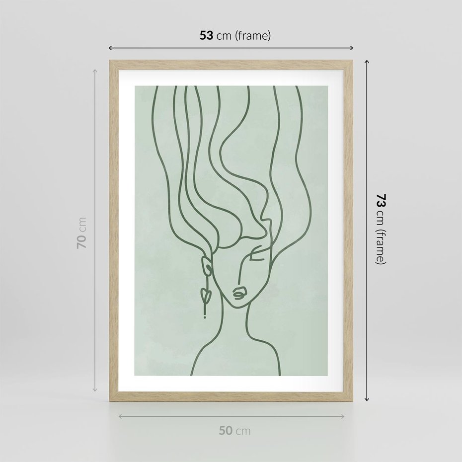 Plakat w ramie 50x70 - Spokojne Objęcia Natury - abstrakcja, zielony szkic - rama drewno