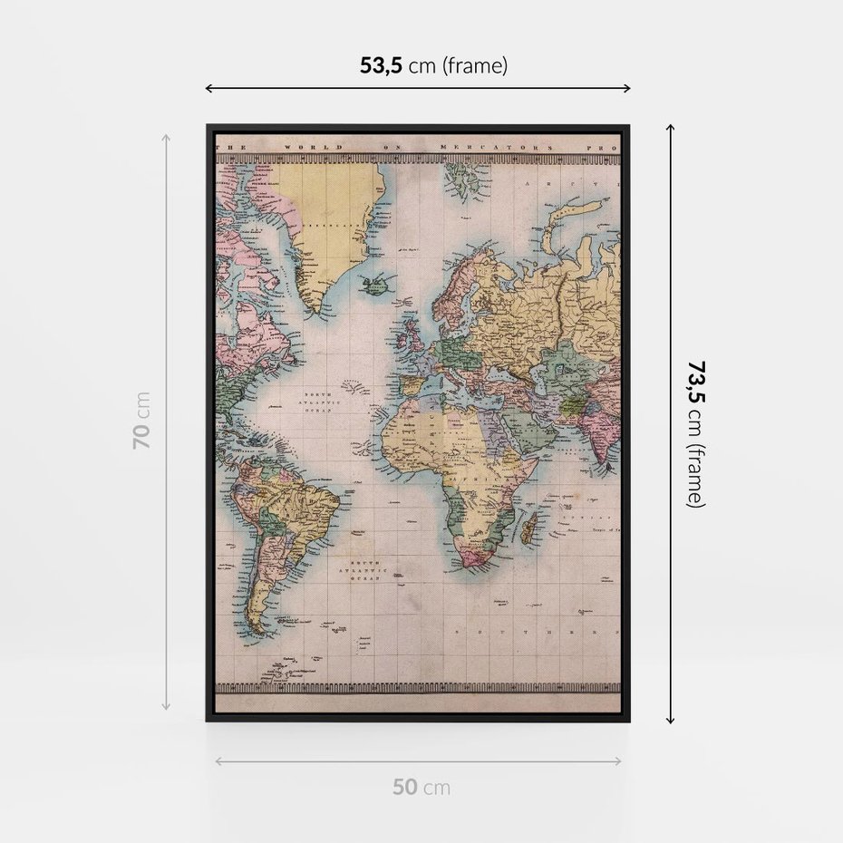 Obraz w ramie 50x70 - Światło Przeszłości - retro mapa świata, mapa - rama czarna