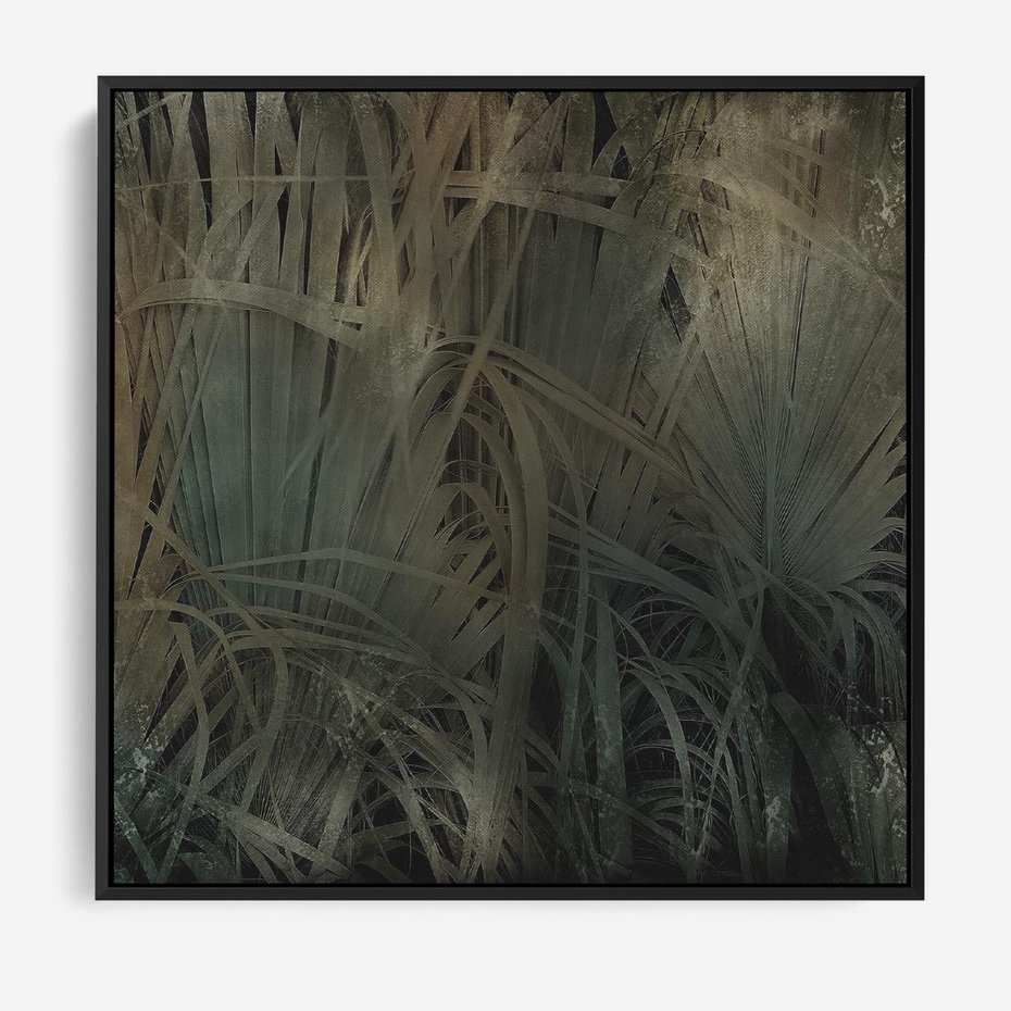 Obraz w ramie 50x50 - Światło w mroku duszy - liście traw, mroczny klimat - rama czarna