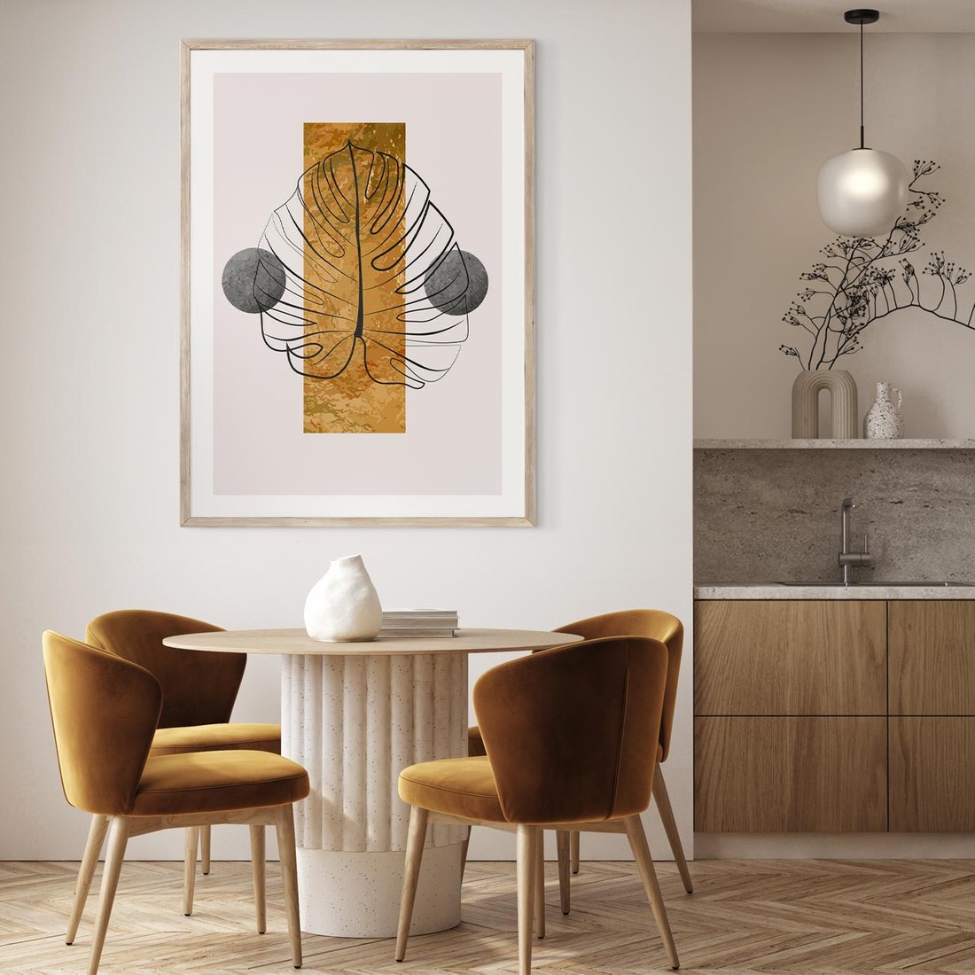 Plakat w ramie 30x40 - Minimalistyczna Monstera: Złoty Prostokąt - liść  monstery, minimalizm - rama drewno