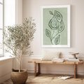 Plakat w ramie 40x50 - Szmaragdowy Oddech - abstrakcyjne delikatne zielone linie, podobne do gałęzi kwiatów - rama biała