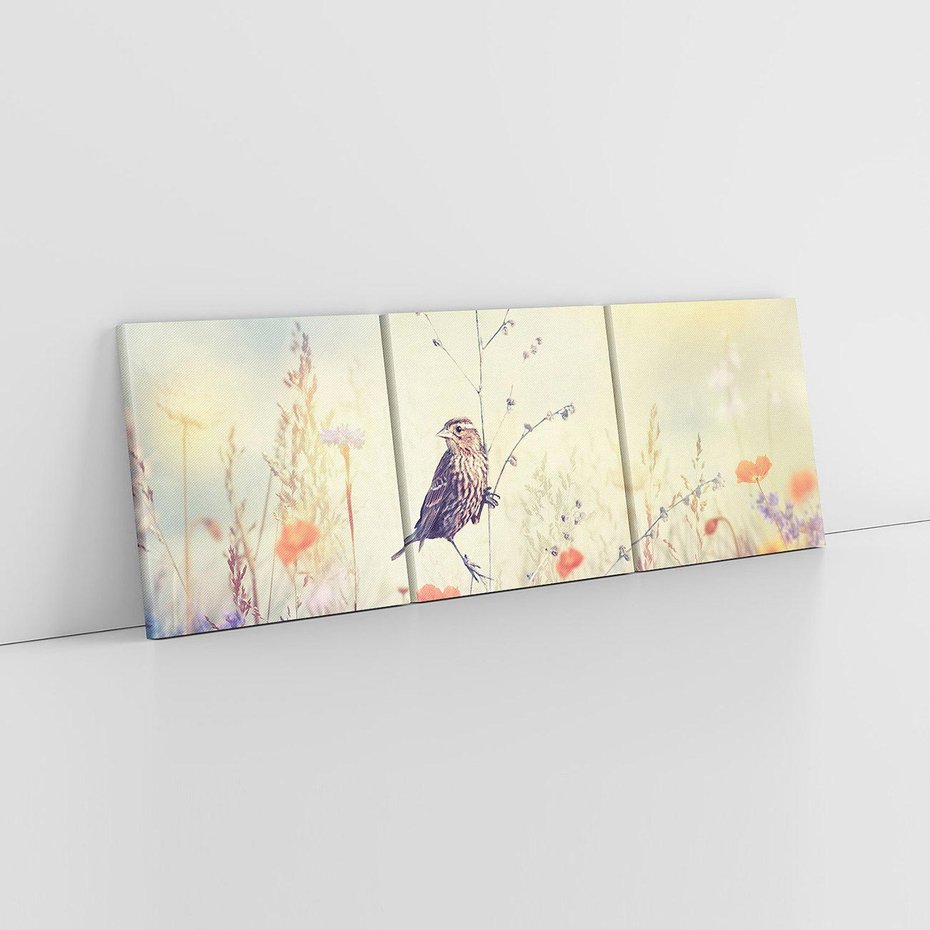 Obraz na płótnie 120x40 - Poranek wśród łąki - ptak, łąka