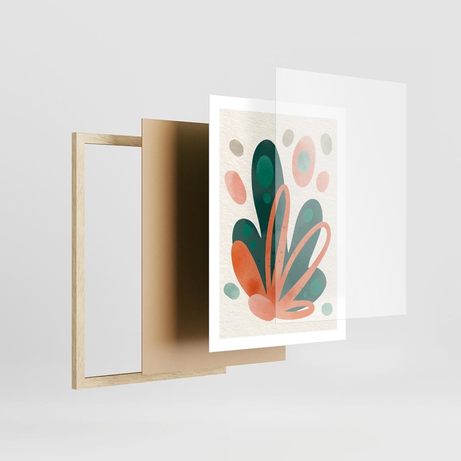 Plakat w ramie 50x70 - Harmonia bez Harmonii - akwarelowe abstrakcyjne kształty, zieleń i pomarańcz - rama drewno