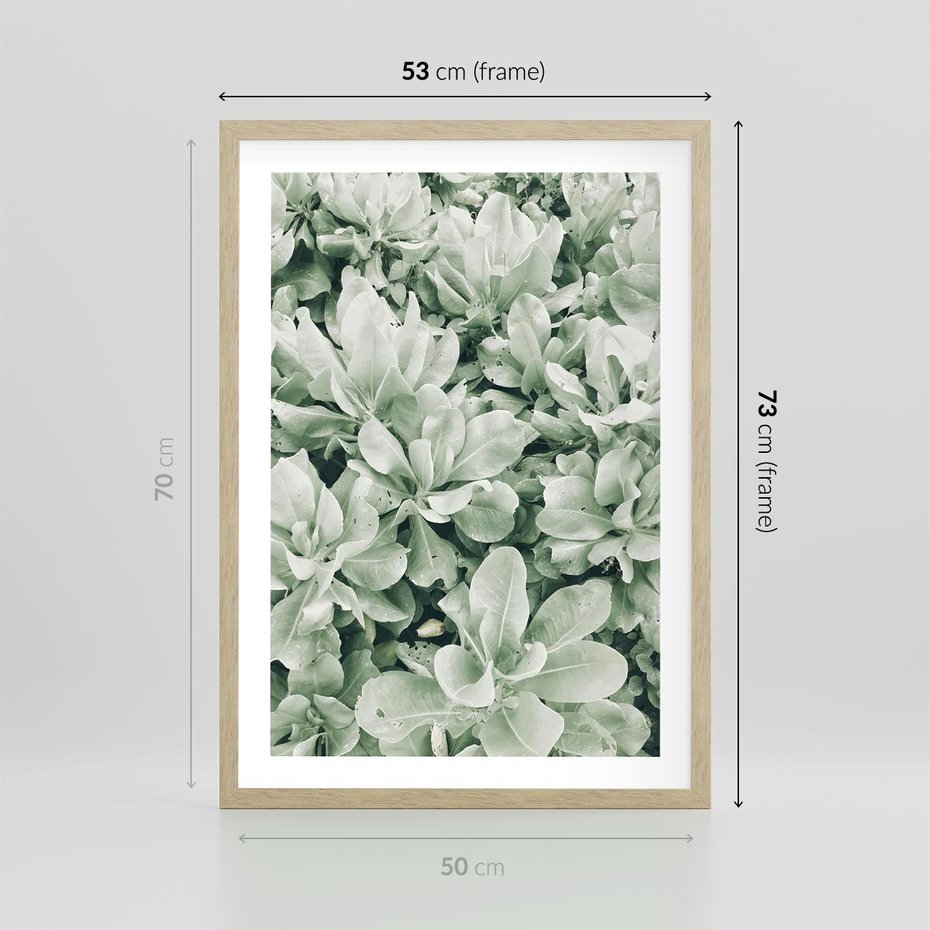 Plakat w ramie 50x70 - Liście w Jasnych Odcieniach Zielonego - liście, jasna zieleń fotografia - rama drewno