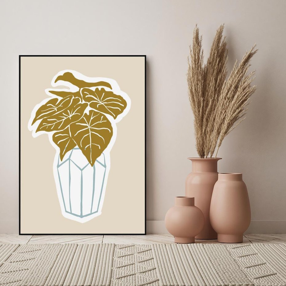 Obraz w ramie 50x70 - Bezgraniczne Marzenia - nowoczesna kompozycja, liście monstery w wazonie - rama czarna