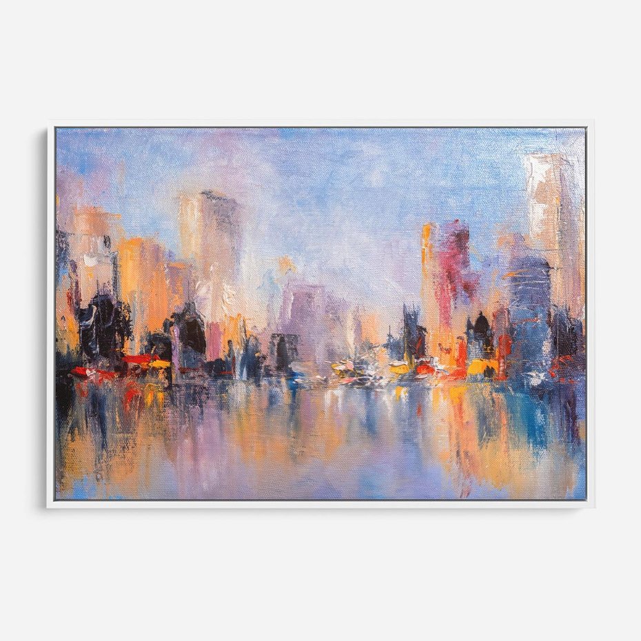 Obraz w ramie 120x80 - Miasto Refleksji - olejna panorama miasta w oddali, wiezowce odbijają się w rzece - rama biała