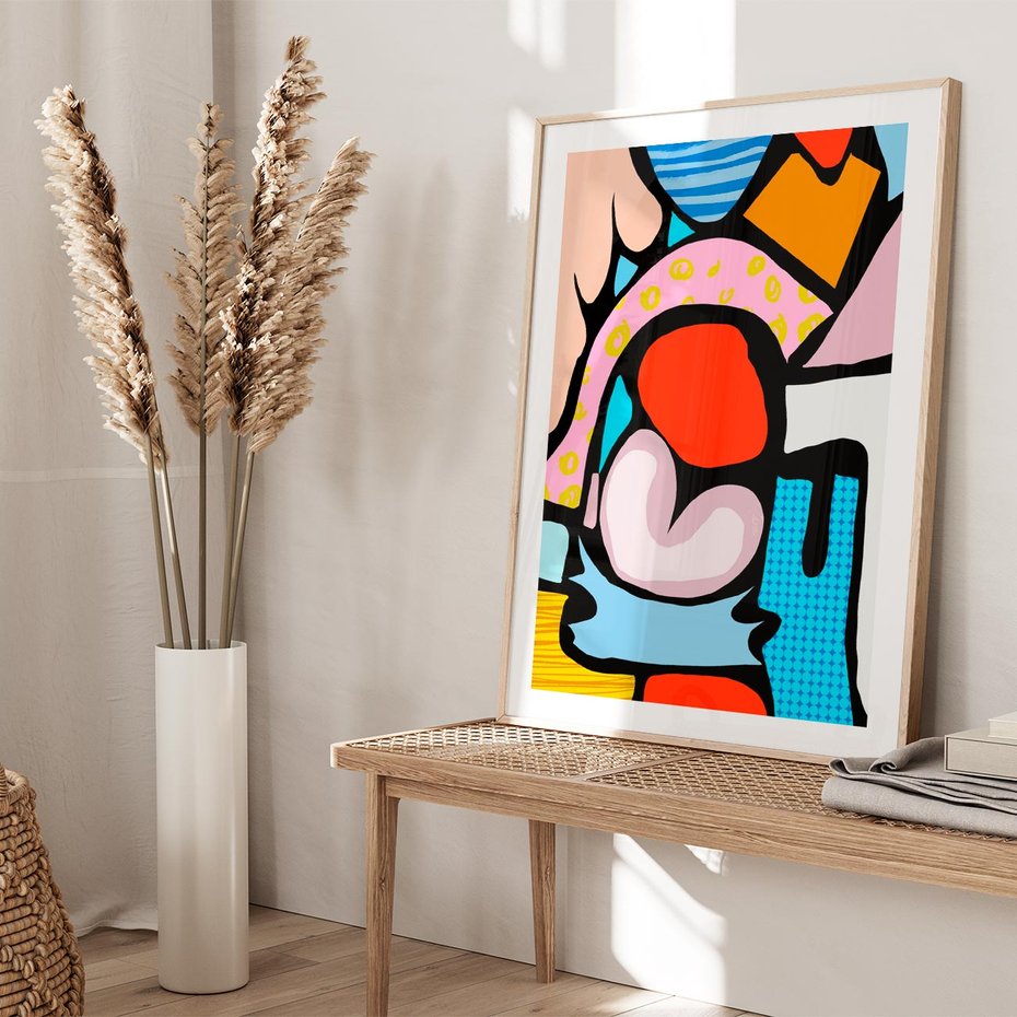 Plakat w ramie 40x50 - Czarny Komiks - abstrakcyjne formy, komiksowy styl - rama drewno