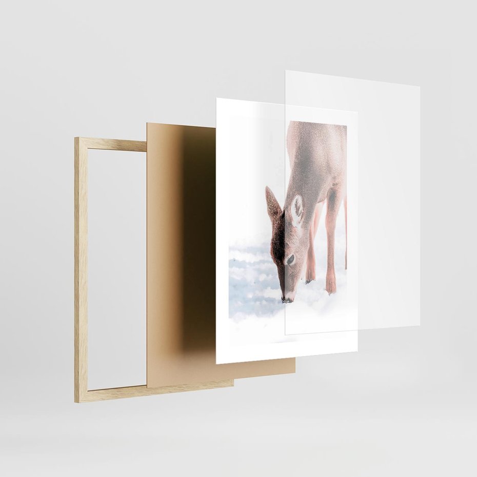 Plakat w ramie 30x40 - Sarna w Zimowym Raju - sarna, na śniegu - rama drewno