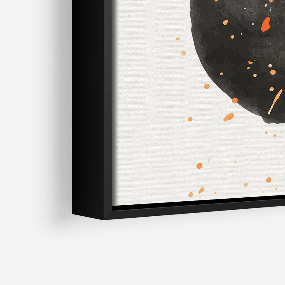 Obraz w ramie 50x50 - Wibracje Kolorów - abstrakcyjna czarna plama, rozsiane pomarańczowe kropki - rama czarna