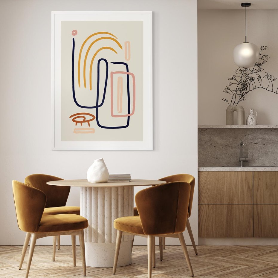 Plakat w ramie 50x70 - Abstrakcyjne Mrugnięcie - abstrakcja w stylu picasso, beżowe tło - rama biała