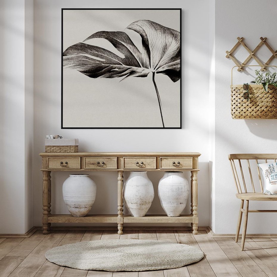 Obraz w ramie 50x50 - Szepczący Liść - szkic, czarno biały - rama czarna