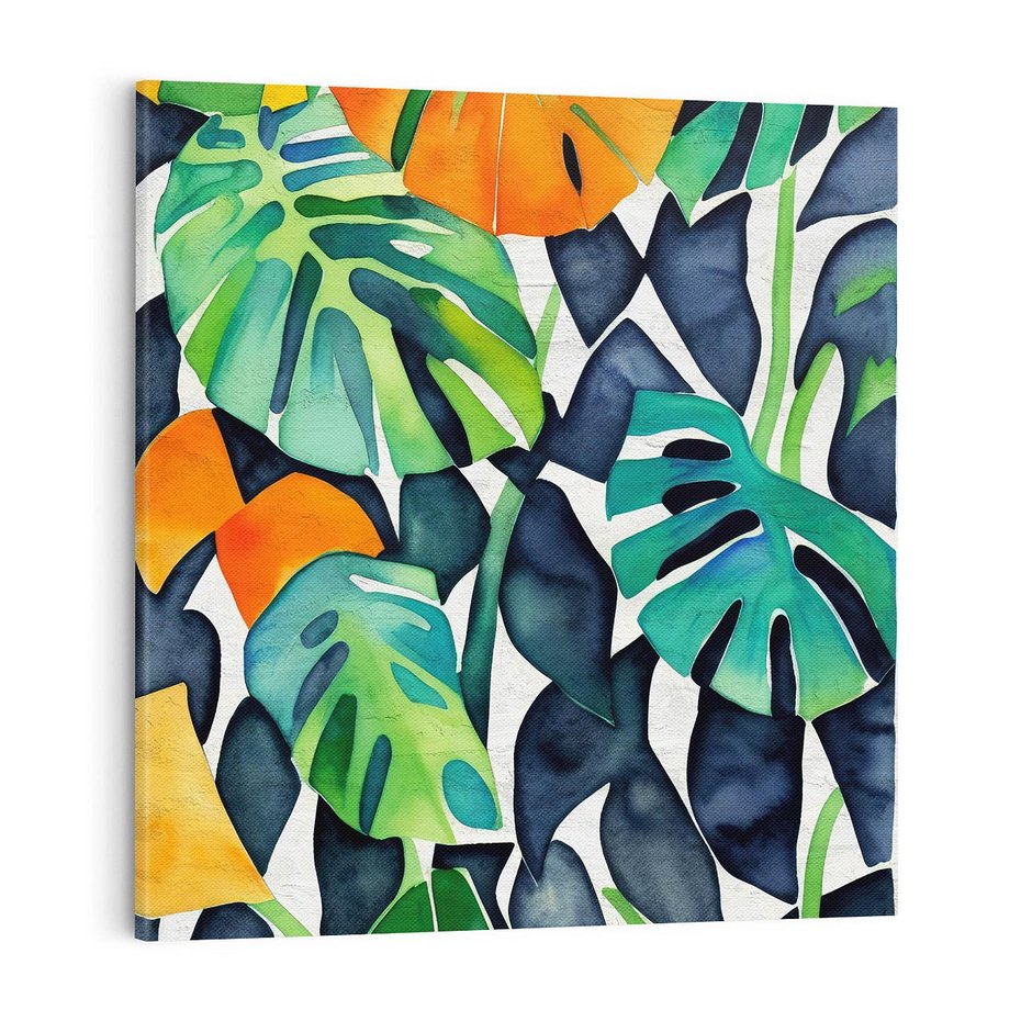 Obraz na płótnie 70x70 - Tropikalne Pragnienia - akwarela, liście tropikalne