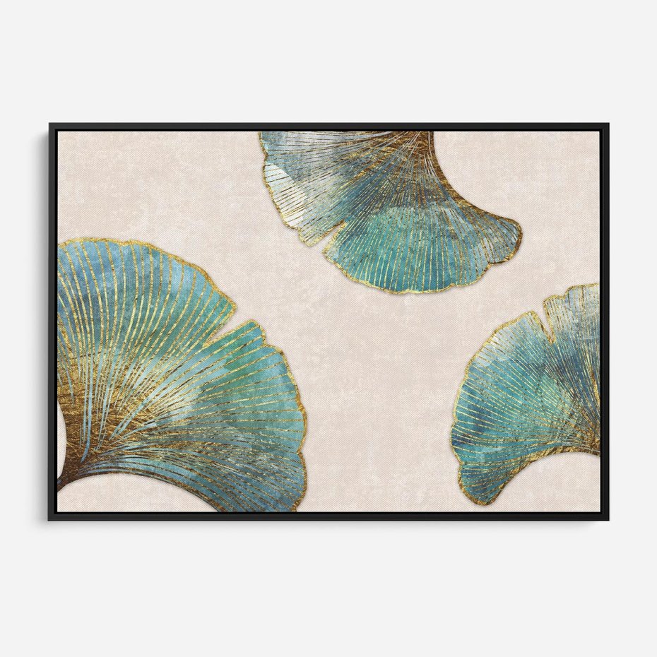 Obraz w ramie 70x50 - Złota Melodia Liści - złote, turkusowe liście miłorzębu - rama czarna