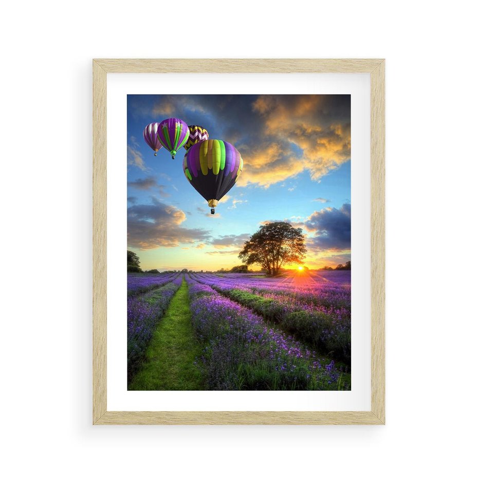 Plakat w ramie 40x50 - Lawendowe Marzenia - lawenda, balony - rama drewno