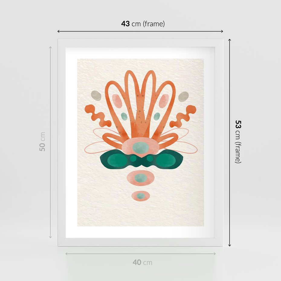 Plakat w ramie 40x50 - Harmonia Nienormalności - akwarelowe abstrakcyjne kształty, zieleń i pomarańcz - rama biała