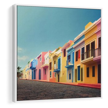 Obraz w ramie 80x80 - Ekspresja marzeń i tęsknot - pastelowe kolorowe budynki, wzdłuż ulicy - rama biała