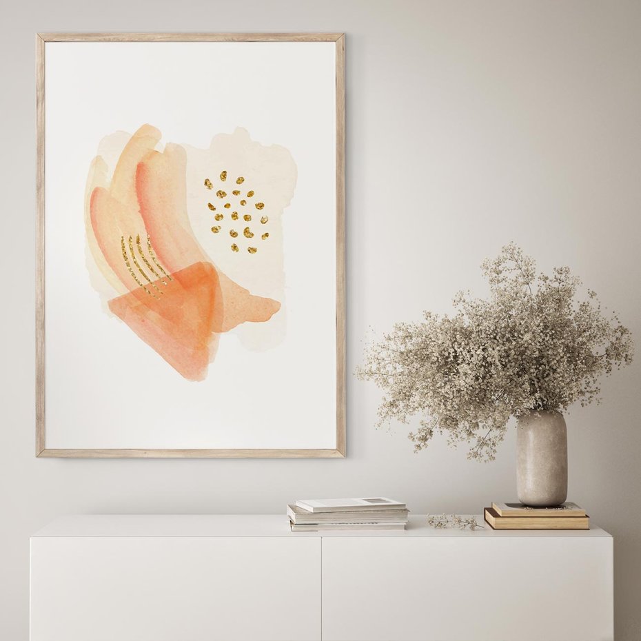 Plakat w ramie 40x50 - Rozkwitające Odbicia Form - abstrakcyjne akwarelowe plamy, minimalizm - rama drewno