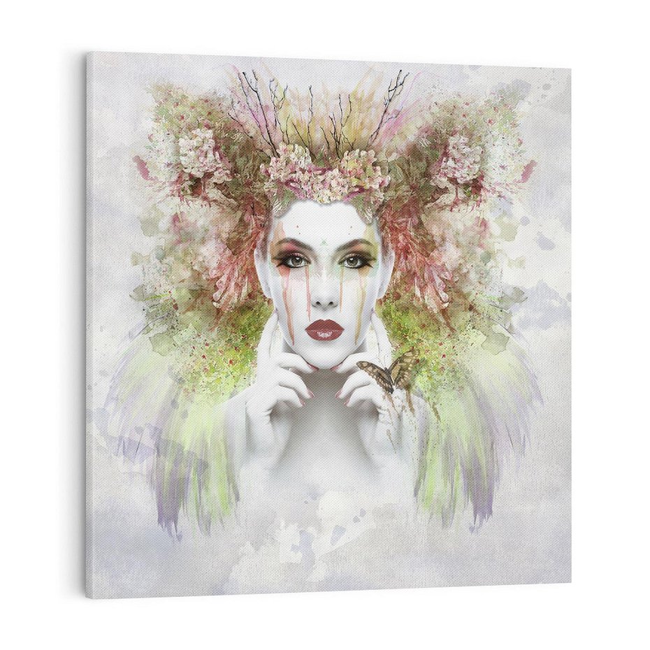 Obraz na płótnie 70x70 - Abstrakcyjna Ekspresja - Twarz w Kwiatowym Wirze - abstrakcja, twarz