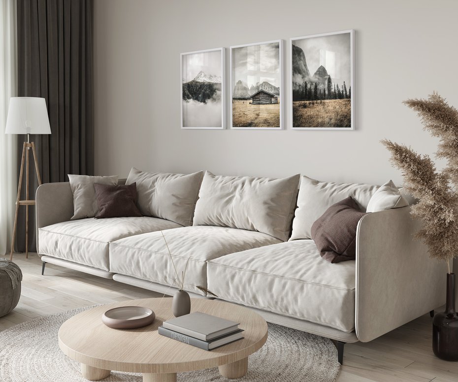 Zestaw obrazy w ramie 30x40 galeria - Rustykalna, chata, góry, mgły - rama biała