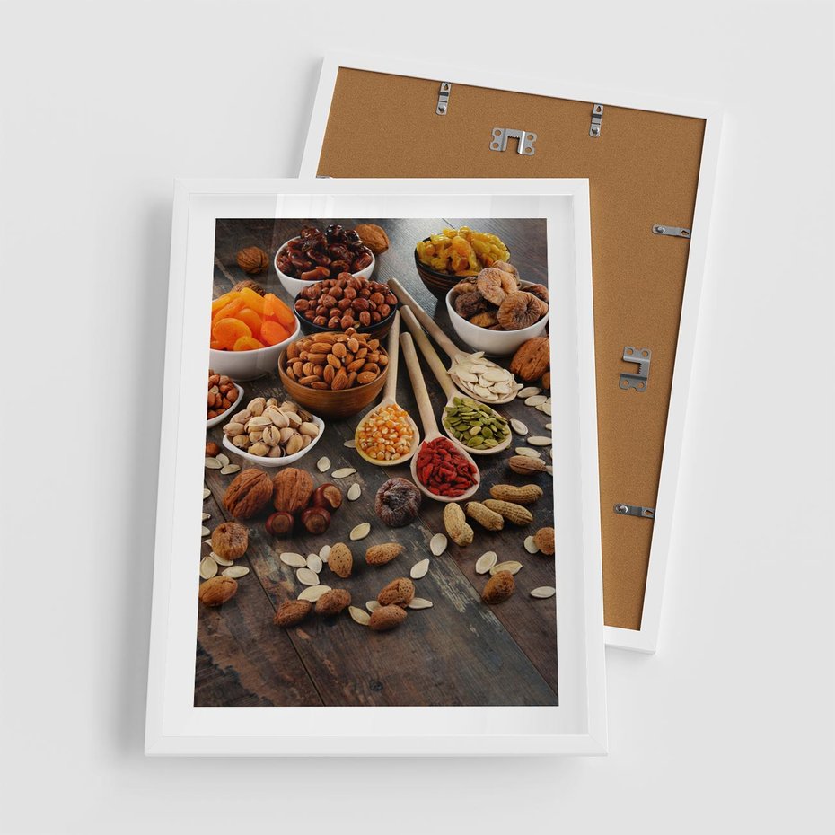 Plakat w ramie 50x70 - Szlachetne smaki kuchni - nasiona, bakalie - rama biała