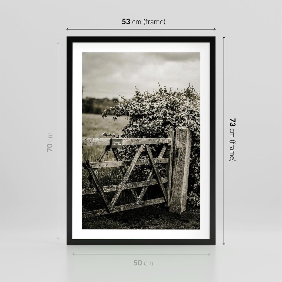 Plakat w ramie 50x70 - Wiejski Urok: Stary Płot i Kwitnący Krzew - rustykalne zdjęcie, stary płot - rama czarna