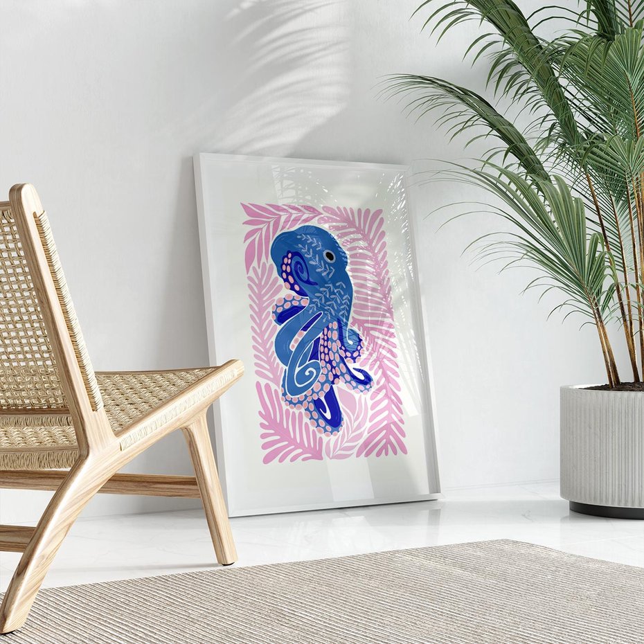 Plakat bez ramy 40x50 - Rozkwitające marzenia - abstrakcyjna kompozycja, niebieska ośmiornica wśród różowej roślinnośći