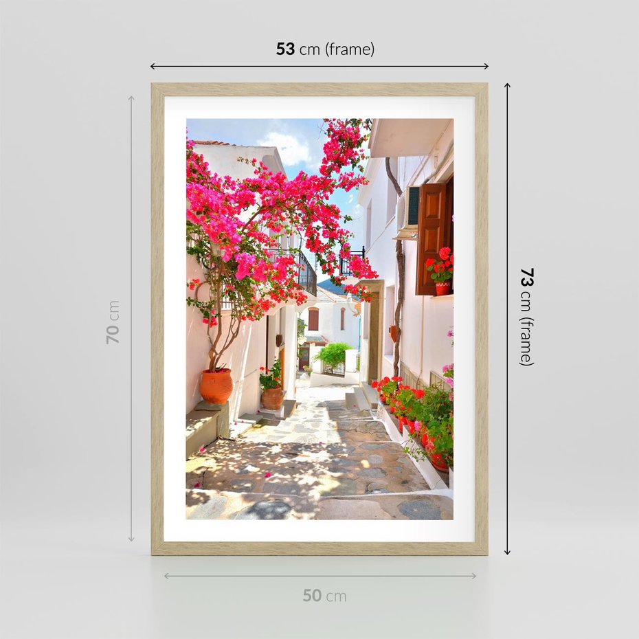 Plakat w ramie 50x70 - Kwiatowa uliczka wakacji - kwiaty, uliczka - rama drewno