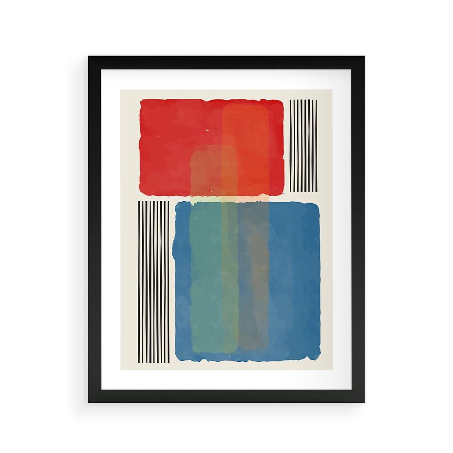 Plakat w ramie 40x50 - Kolorowe Spektrum - kolorowa geometria, prostokąty w intensywnych kształtach i czarne kreski - rama czarna