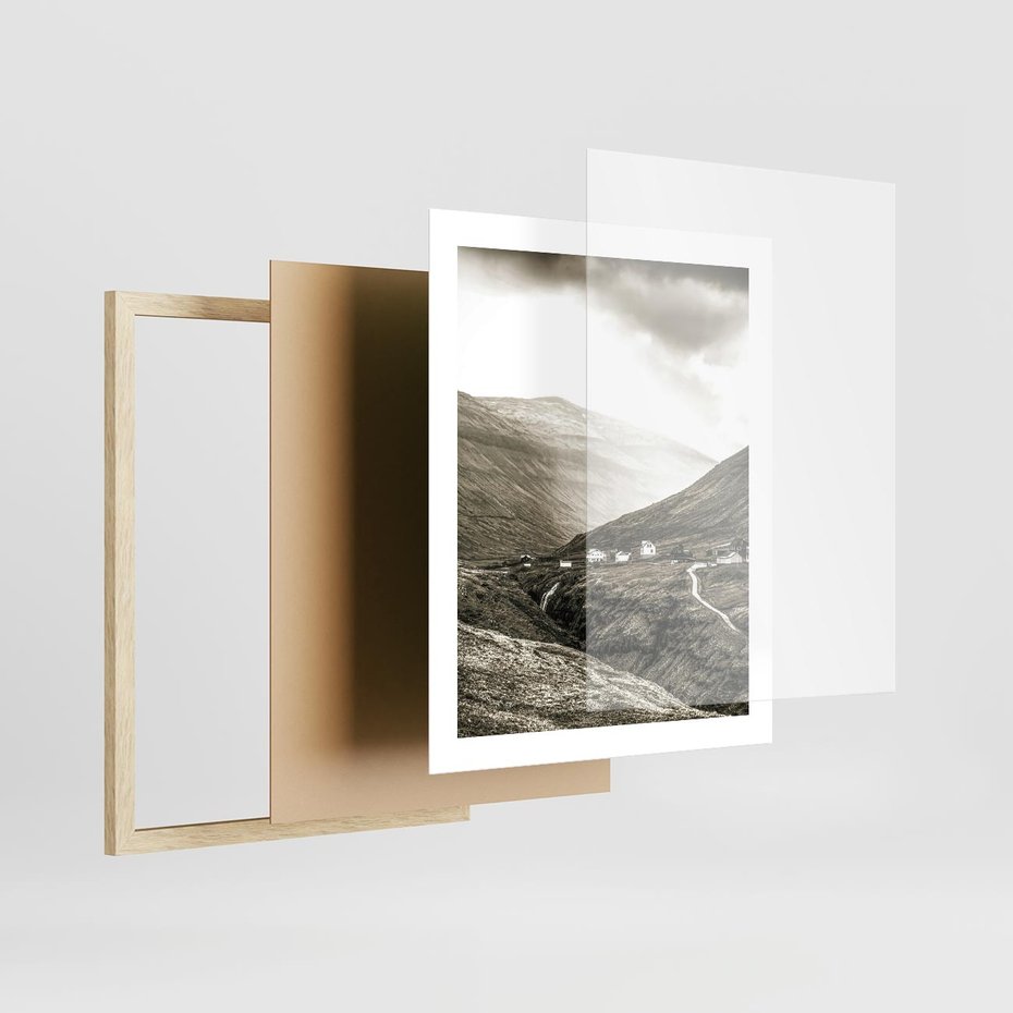 Plakat w ramie 40x50 - Domki w Górach - czarno biała fotografia, górski pejzaż - rama drewno