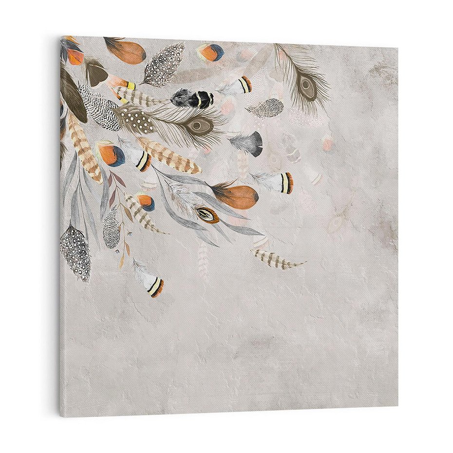 Obraz na płótnie 80x80 - Sploty losu na płótnie - kompozycja boho piór, indiańskie pióra