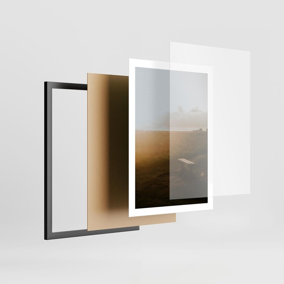 Plakat w ramie 50x70 - Mglisty zachód słońca na ławeczce - mgła, zachód - rama czarna