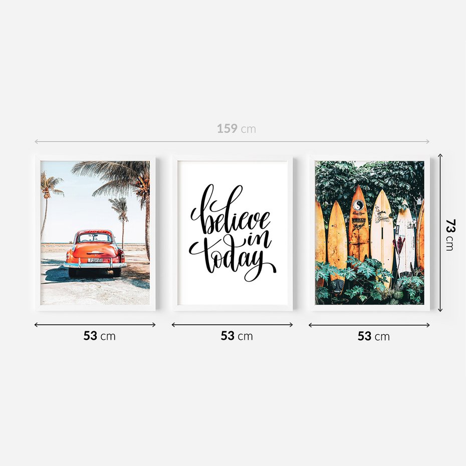 Zestaw obrazy w ramie 50x70 galeria - Pozytywny, cytat, lato, palmy - rama biała