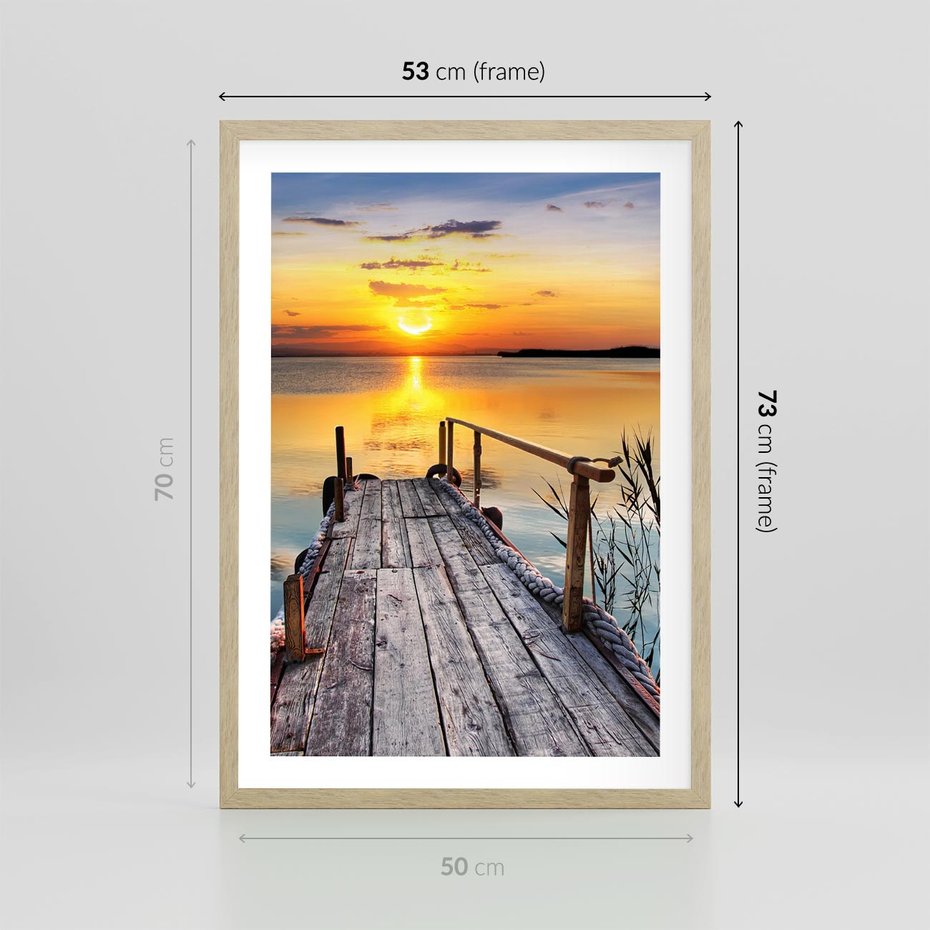 Plakat w ramie 50x70 - Zachód nad jeziorem z pomostem - pomost, jezioro - rama drewno
