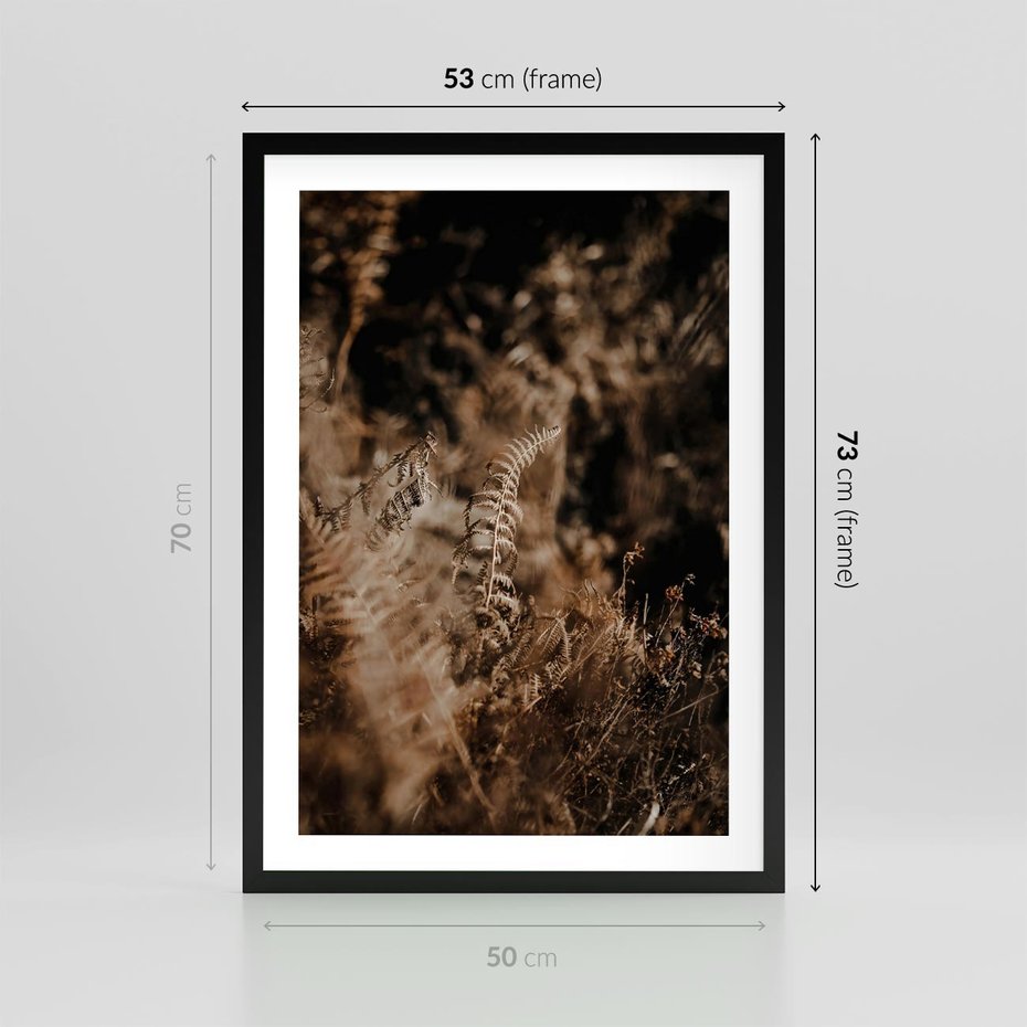 Plakat w ramie 50x70 - Delikatne Detale - paprocie, brąz - rama czarna