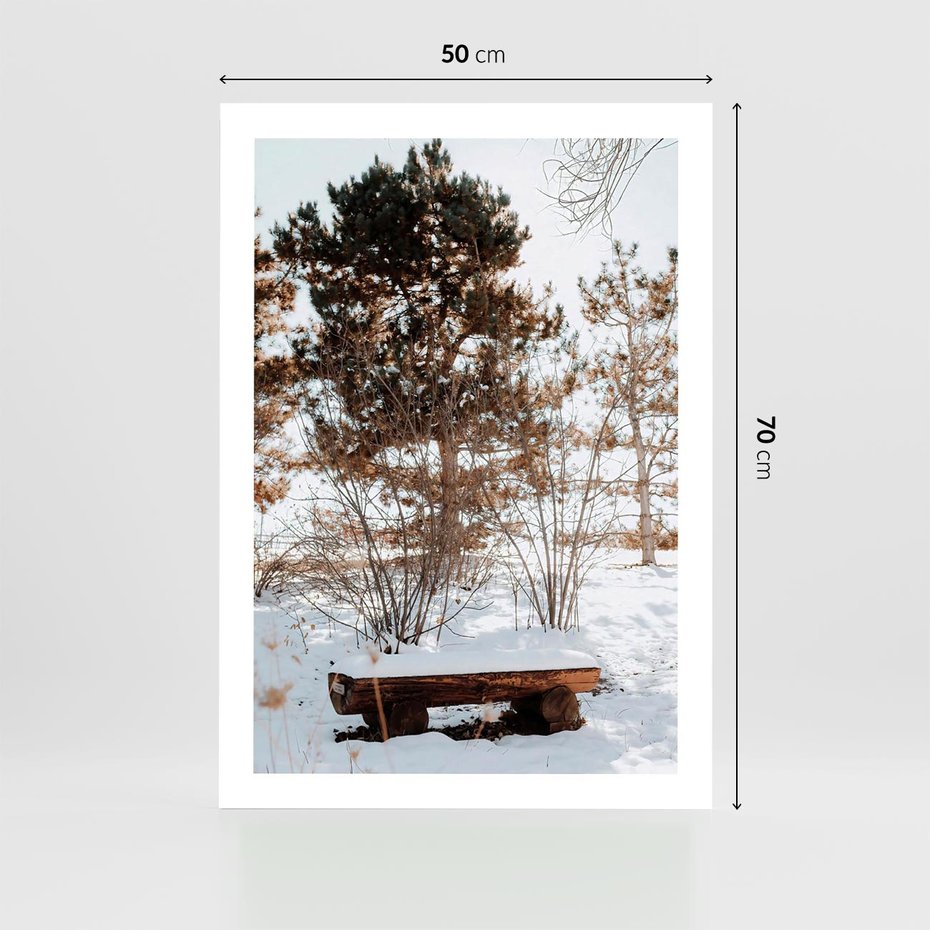 Plakat bez ramy 50x70 - Ławka Pod Śniegiem - zimowy pejzaż, ławka pod śniegiem