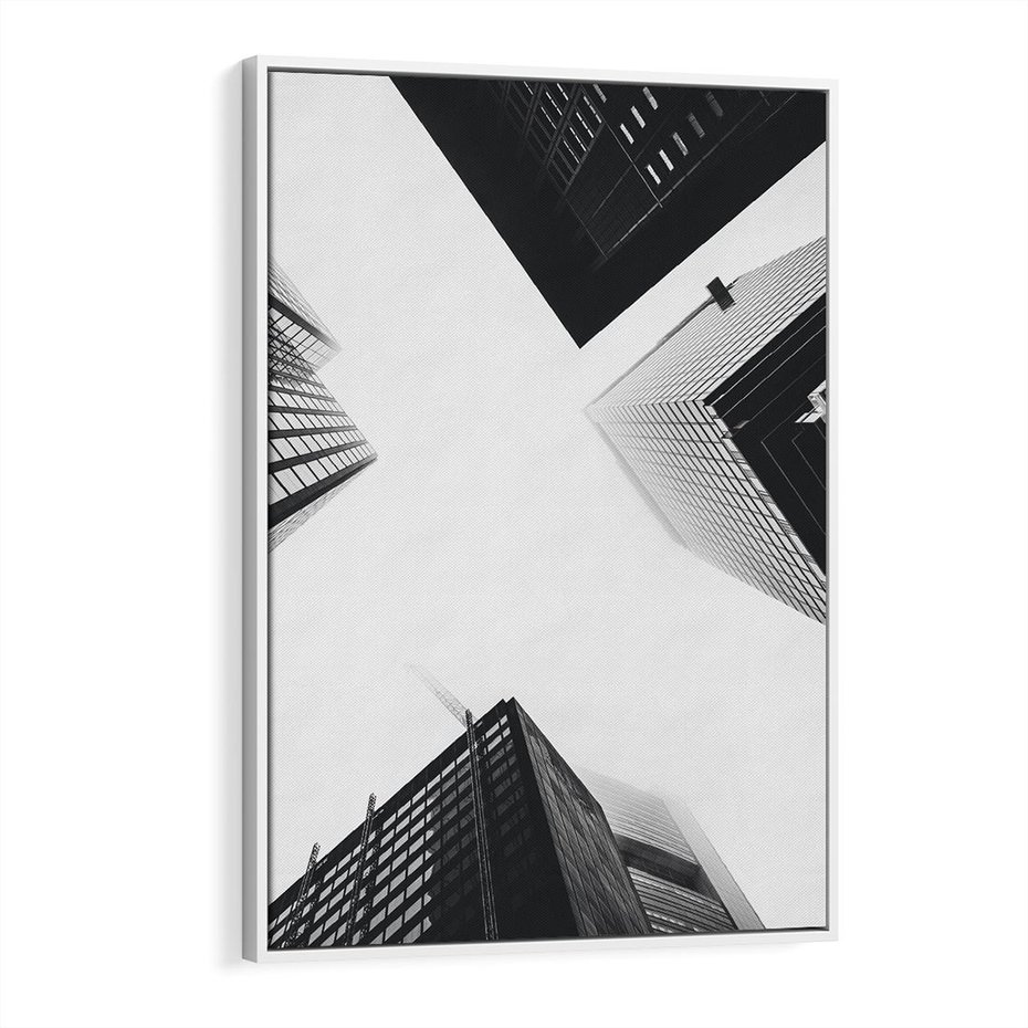 Obraz w ramie 70x100 - Nowoczesna Dynamika - perspektywa, wieżowce - rama biała