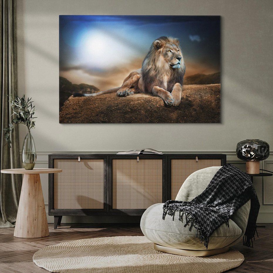 Obraz na płótnie 70x50 - Król sawanny - lew, kamień