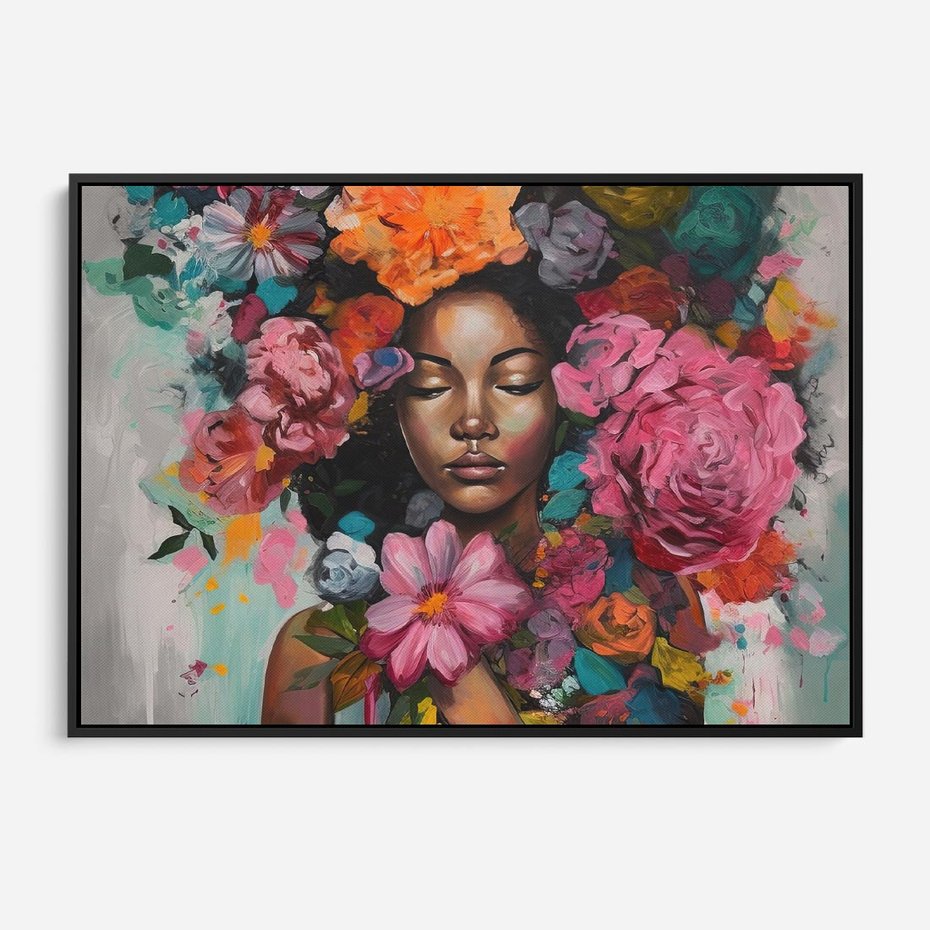 Obraz w ramie 70x50 - Z Głową w Kwiatach - obraz olejny, sztuka nowoczesna - rama czarna