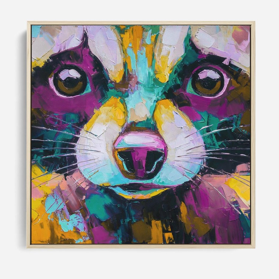 Obraz w ramie 50x50 - Przebudzenie snu artysty - zbliżenie, kolorowy portret szopa pracza - rama drewno