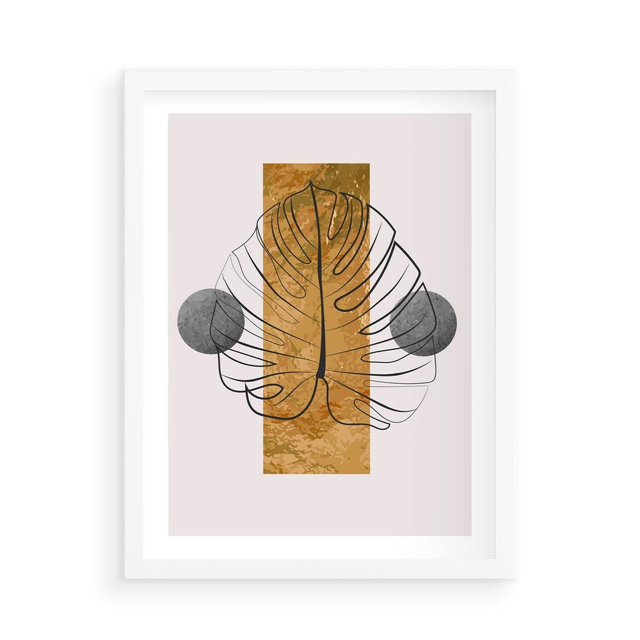 Plakat w ramie 50x70 - Minimalistyczna Monstera: Złoty Prostokąt - liść  monstery, minimalizm - rama biała