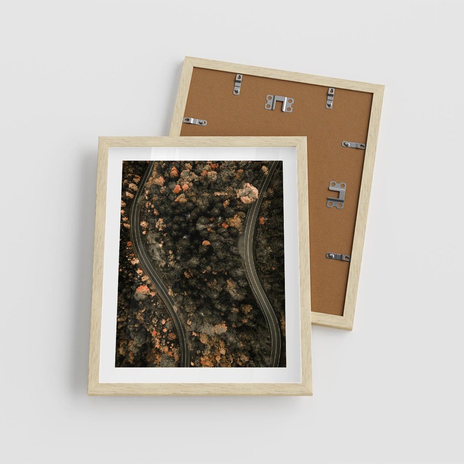 Plakat w ramie 40x50 - Las i Droga w Kolorach Jesieni - droga, ujęcie z góry - rama drewno