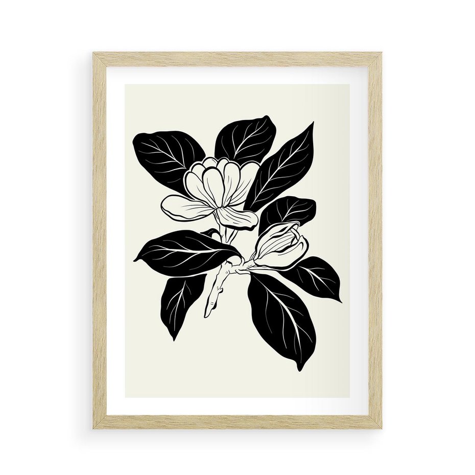Plakat w ramie 50x70 - Spojrzenie w kształty kwiatów - kwiaty magnolii, minimalizm - rama drewno
