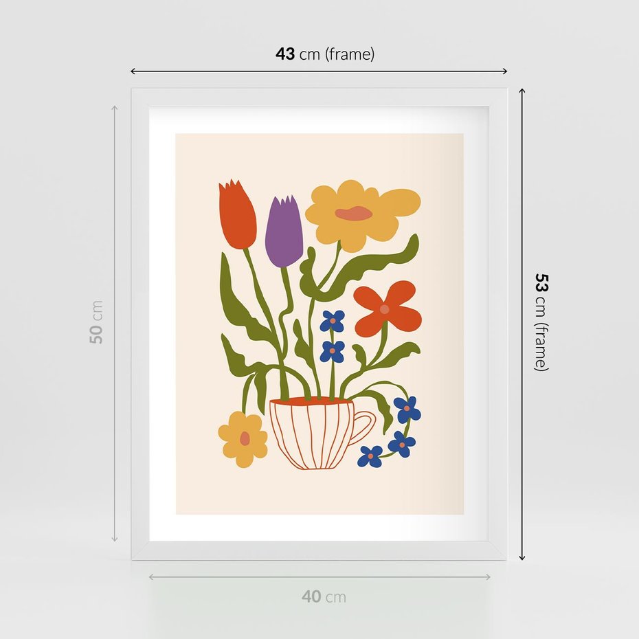 Plakat w ramie 40x50 - Kolorowe Granice - kwiaty w filizance, abstrakcja - rama biała